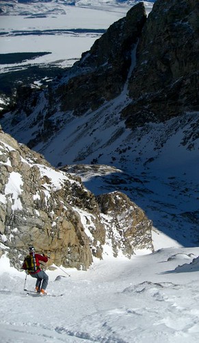Skiing the lower Chouinard Couloir with East Hourglass in the background