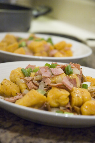 sweet potato gnocchi with ham, figs and balsamic butter