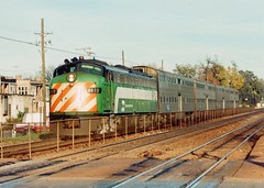 Westbound Burlington Northern commuter train. Riverside Illinois USA. October 1989.