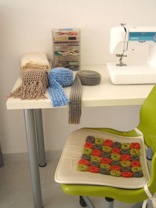 three scarves and a sewing machine