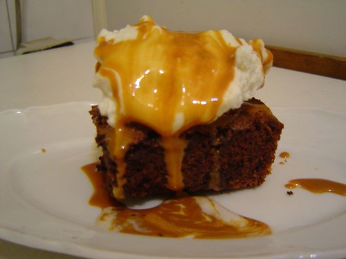brownie with dulce de leche sauce and ice cream