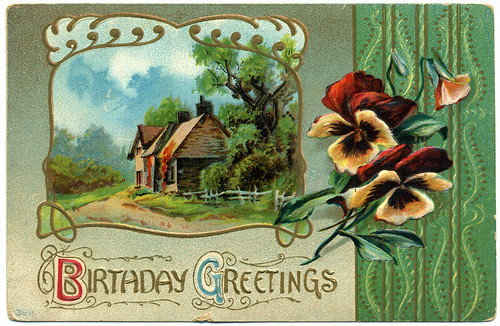 Postcard: Birthday Pansies - Embossed