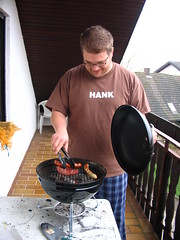 Karl making a steak and wurst in his pajamas
