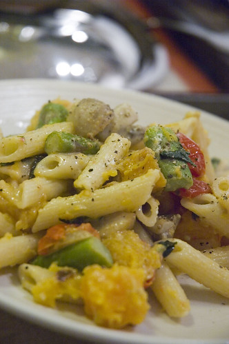 penne with roasted squash, goat cheese and veggies