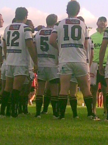 Souths Logan Magpies discuss tactics after conceding a try – NRL trial game, Davies Park, West End, Brisbane, Queensland, Australia