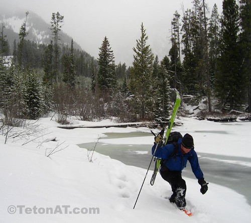 Brian hikes around Taggart Lake after losing a ski in a slough avalanche in Avalanche Canyon