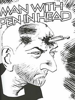 man with pen in head