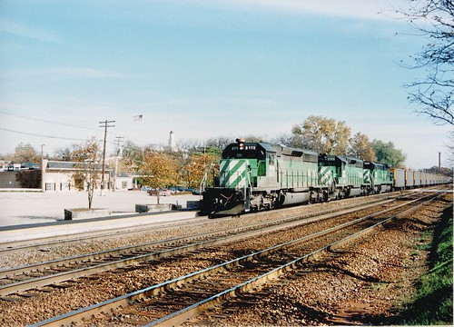 Westbound Burlington Northern Railroad unit coal train. Hindsdale Illinois USA. October 1989. by Eddie from Chicago