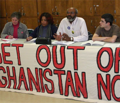 Abayomi Azikiwe, PANW editor, second from left, at anti-war forum in Windsor, Canada on March 17, 2007. He was joined by Andrea Egypt of MECAWI on his right, Margaret on far right and Enver on left of the Windsor Peace Coalition. by Pan-African News Wire File Photos