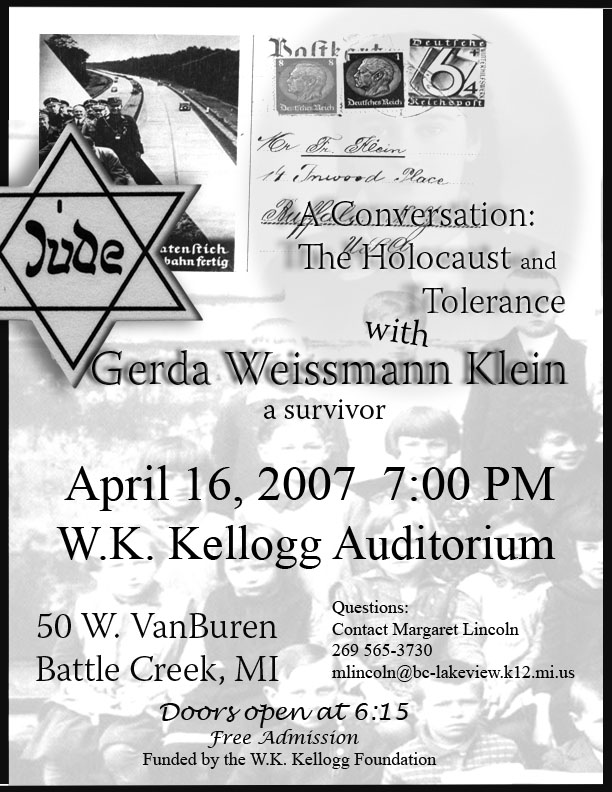 Announcement of Gerda Weissmann Klein's address in Battle Creek, Michigan