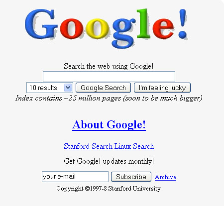 Captura de pantalla de una de las primeras páginas de inicio de Googel