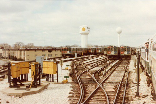 The CTA rapid transit yard in suburban Forest Park Illinois. March 17th 1985. by Eddie from Chicago