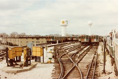 The CTA rapid transit yard in suburban Forest Park Illinois. March 17th 1985.