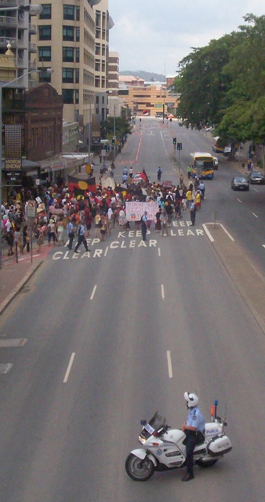 Van of march enters Roma St from George St - Invasion Day Rally and March, Brisbane, Queensland, Australia 070126