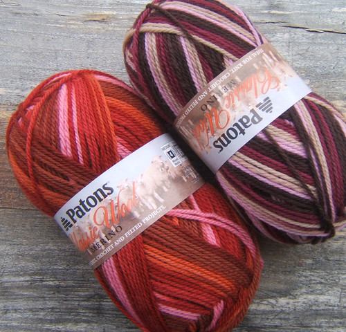 Patons Classic Wool in colors "Regency" and "Rosewood"