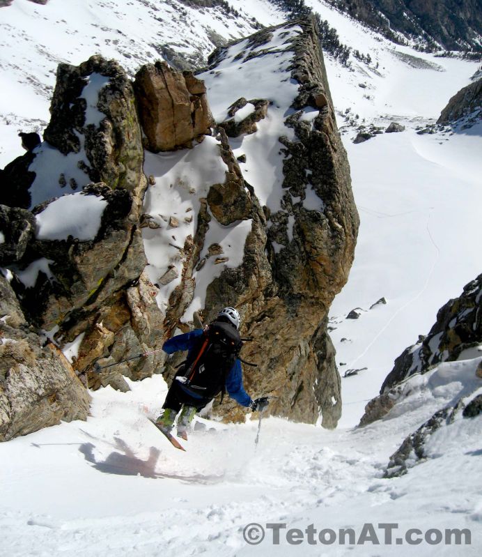 Zahan skis into the lower couloir