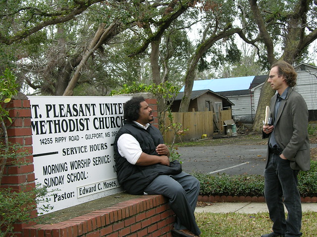 Derrick Evans and journalist Jonathan Tilove outside Mt. Pleasant United Methodist Church, Rippy Road, Turkey Creek, MS. (Photo by Ben Greenberg)