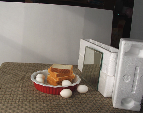 Eggs, bread, pie plate set-up (FUJIFILM)