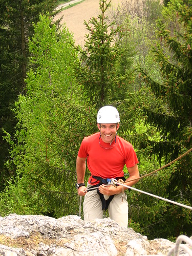 Rob practising abseiling at Village Camps spring outdoor education camp staff orientation in Anzere, Switzerland