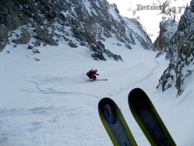 Reed skis off the top of the Apocalypse Couloir