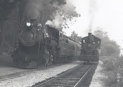 Two trains meet on the Strasburg Railroad. Strasburg Pennsylvania USA. August 1990.