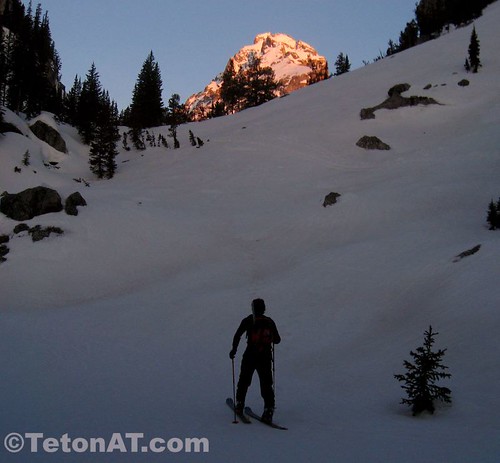 Approaching the Platforms with alpenglow on the Middle Teton