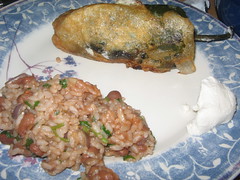 chile relleño, rice and beans, chèvre