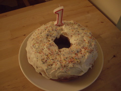 Giant donut-shaped cake, made by Mummy!