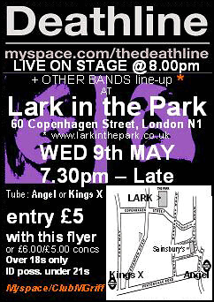 Deathline live next Weds 9th May