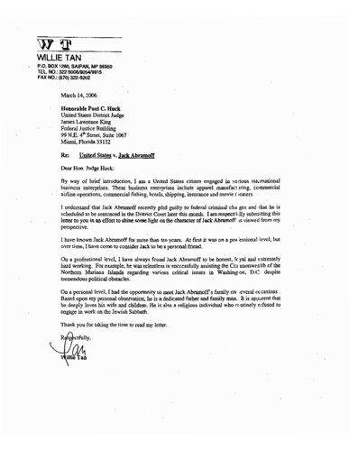 Willie Tan's letter of support for Jack Abramoff