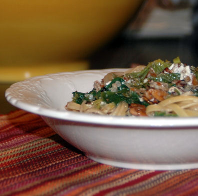linguine with mustard greens feta and pecans