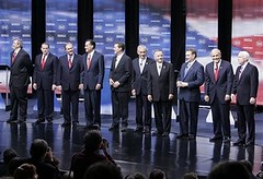Republican presidential hopefuls, line up on stage before the first Republican presidential primary debate of the 2008 election at the Ronald Reagan Library, Thursday, May 3, 2007, in Simi Valley, Calif. (AP Photo/Mark J. Terrill)