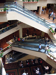 Librarians on escalators in the Hyatt lobby
