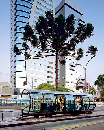 A station on Curitiba’s rapid-transit-bus system.