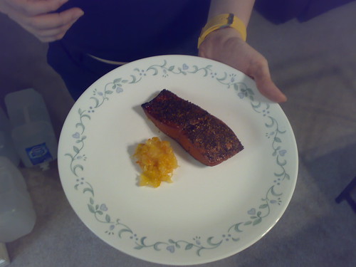 Pepper crusted, maple soy infused salmon with Mango Salsa