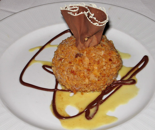 Candied Macadamia Nut-Crusted Espresso Bombe with Dark Chocolate Sauce