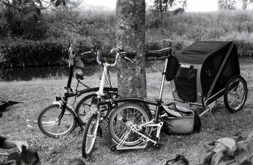 Brompton folding bikes – complete with dog trailer – on a cycle camping tour of the Loire. Photo: Nicole Wilkins  