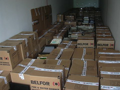 Over 200 boxes of wet Peabody Room materials, waiting to be shipped to a Texas-based conservation laboratory