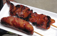 Moo ping (barbecued pork) and Thai sausage