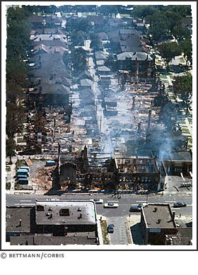 An aerial view on Linwood during the July 1967 Rebellion in Detroit. by Pan-African News Wire File Photos