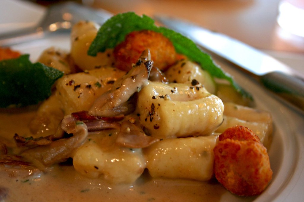 Close up of the Roasted Garlic Gnocchi with Wild Mushroom, Sage, and Crispy Sweetbreads