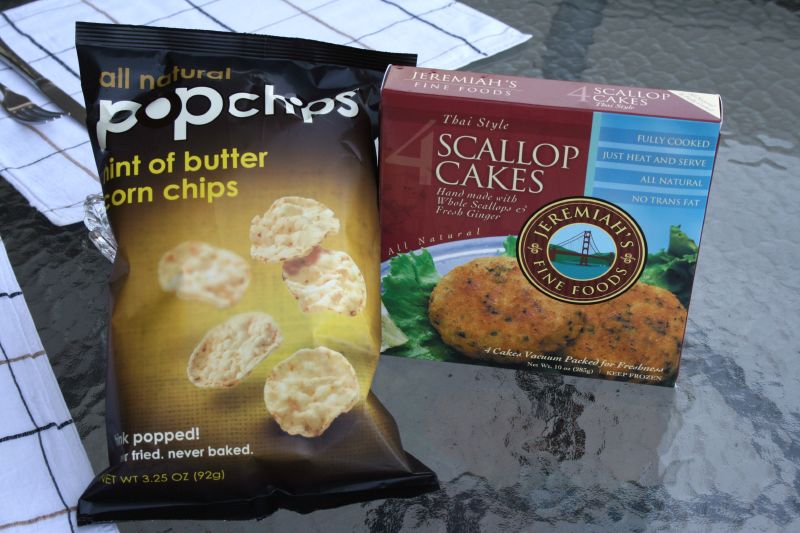 Popchips and Scallop cakes