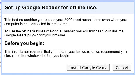 google reader offline pop-up