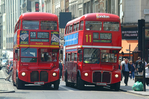 Two double-decker Routemaster buses, London