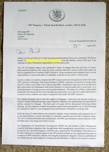 The letter from HM Treasury regarding Vulture Funds.