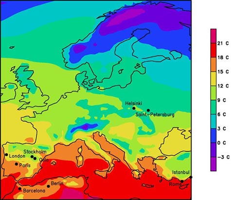 Topographical Map Of Europe. climate map of Europe;