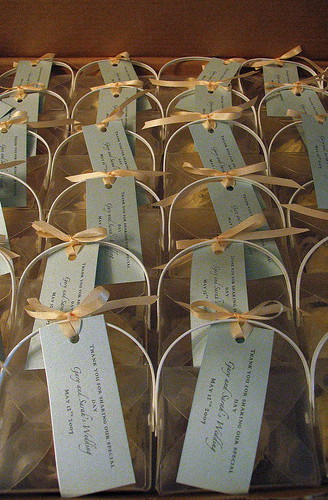 Gorgeous wedding bonbonnieres with antique blue shimmer tags pretty cream 