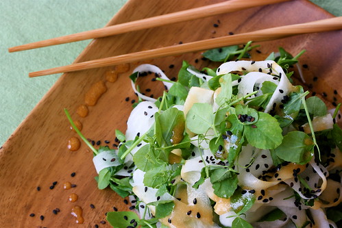 Pea Tendril and Daikon Noodle Salad with Sesame Soy Dressing