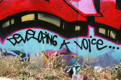 multicolored graffiti that reads, "Developing a voice"