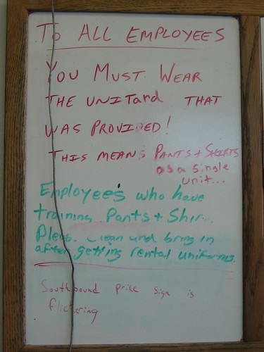 To all employees: You must wear the unitard that was provided! This means pants + shirts as a single unit...